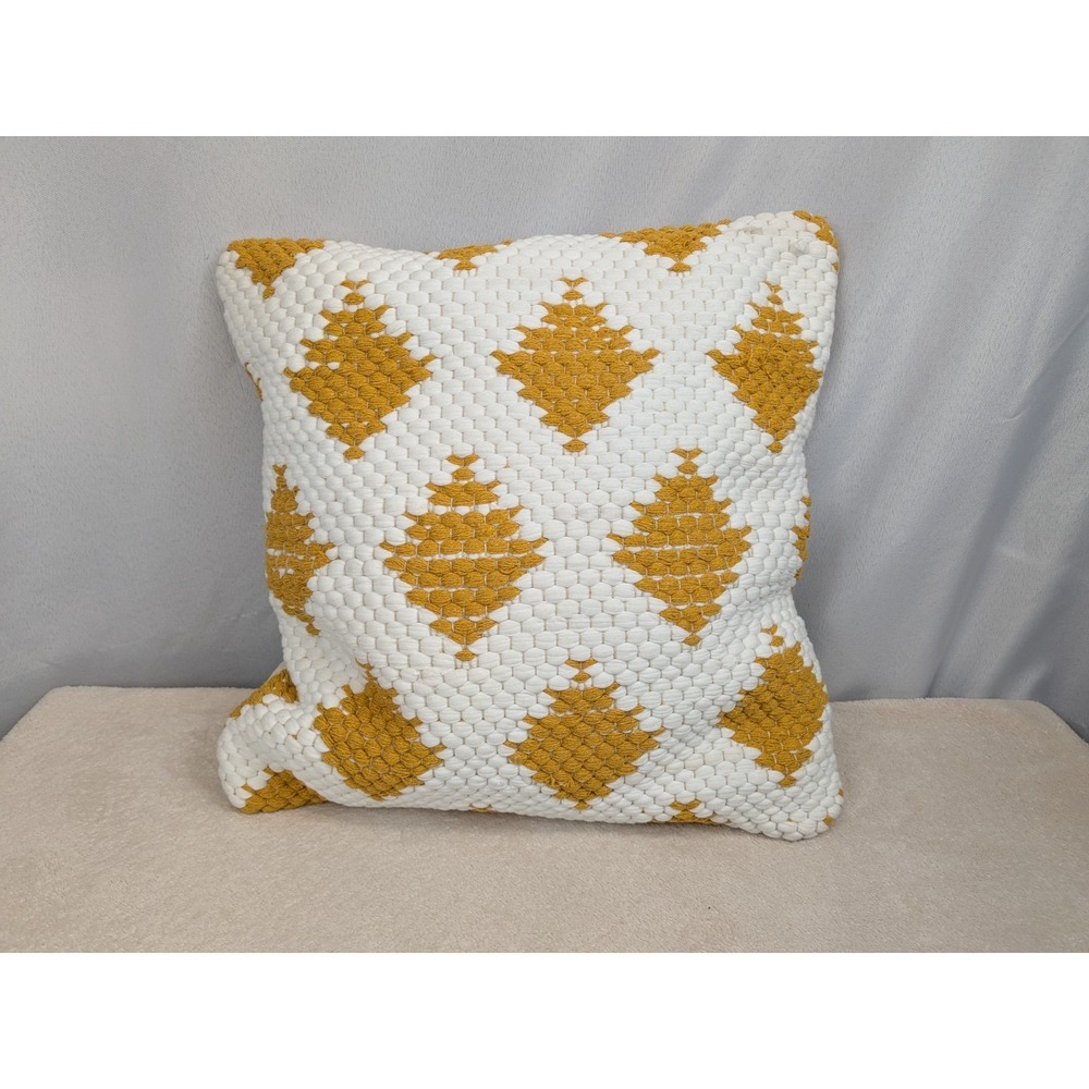Nourison‎ Throw Pillow 18" White Mustard Yellow Geometric Cotton Textured Boho